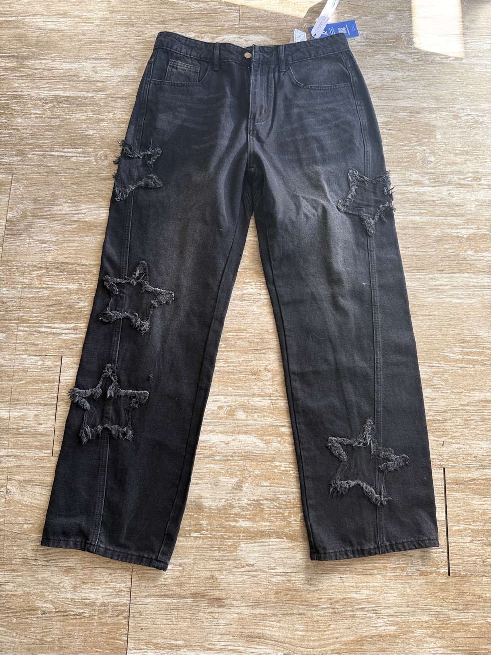 River Island Black Relaxed Jeans with Frayed Star Patches